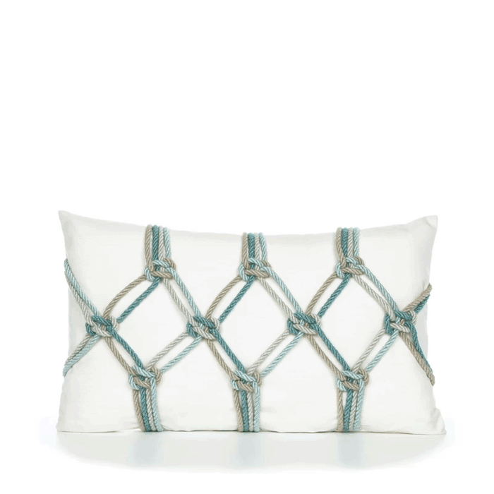 360 video of Ivory lattice-pattern with aqua rope detail outdoor pillow for elegant outdoor spaces