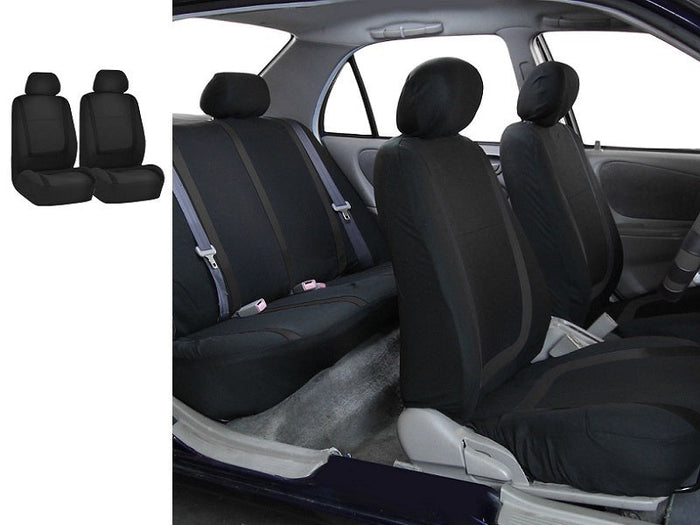 Black universal auto seat covers for cars, trucks, SUVs, and vans made of durable polyester fabric by dealonline.co.nz.