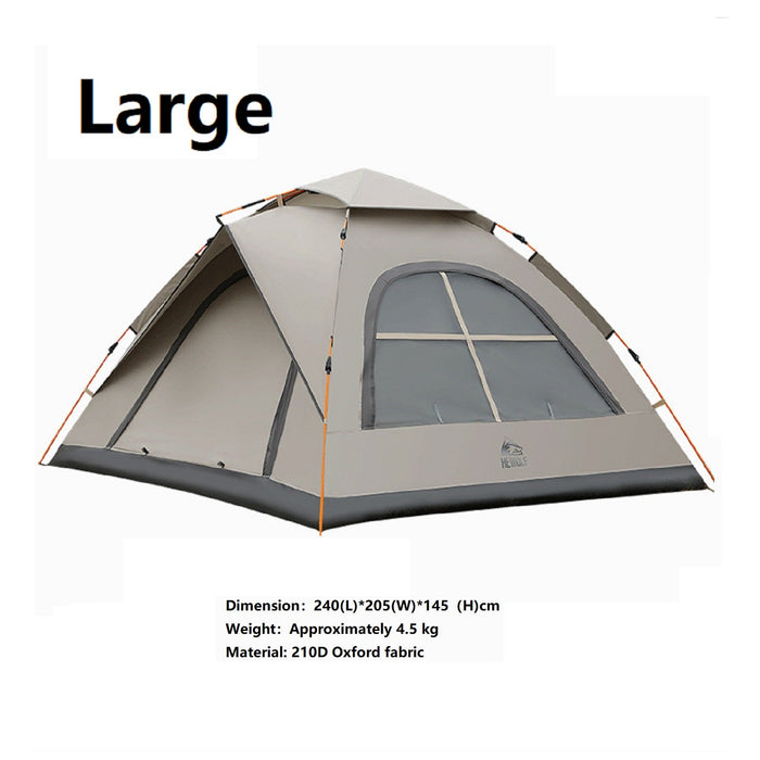 Large ECOTREK automatic pop-up waterproof camping tent set up outdoors, showcasing its durable fabric and spacious design.