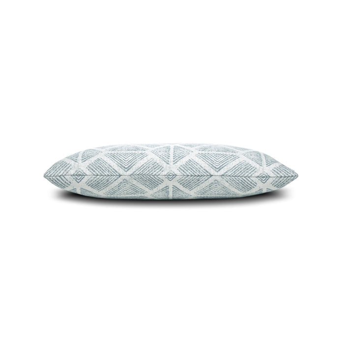 Side image of Light blue damask outdoor pillow for sophisticated patio decor by Elaine Smith
