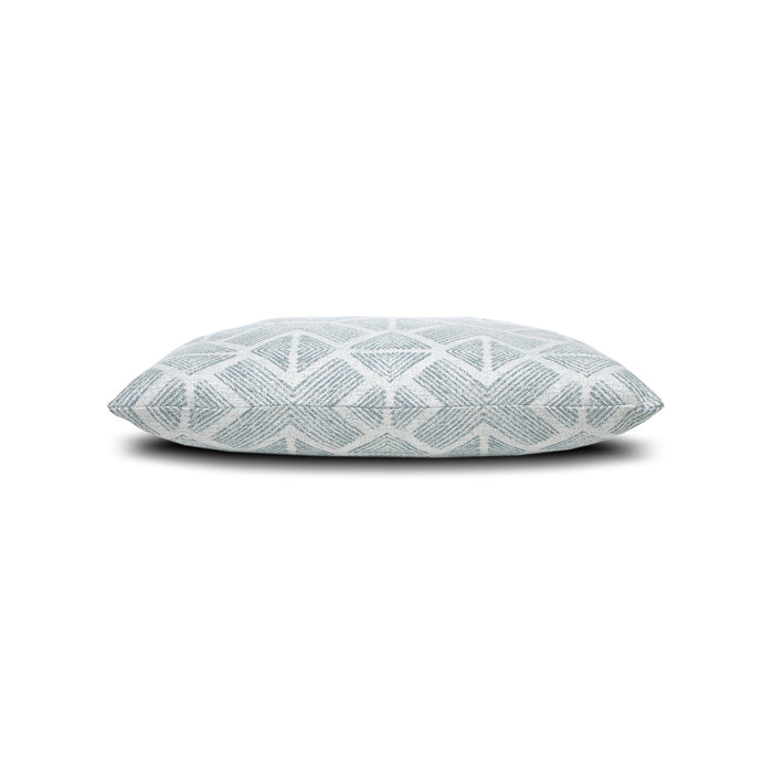 Side image of light blue gray damask outdoor pillow with intricate pattern for upscale outdoor seating
