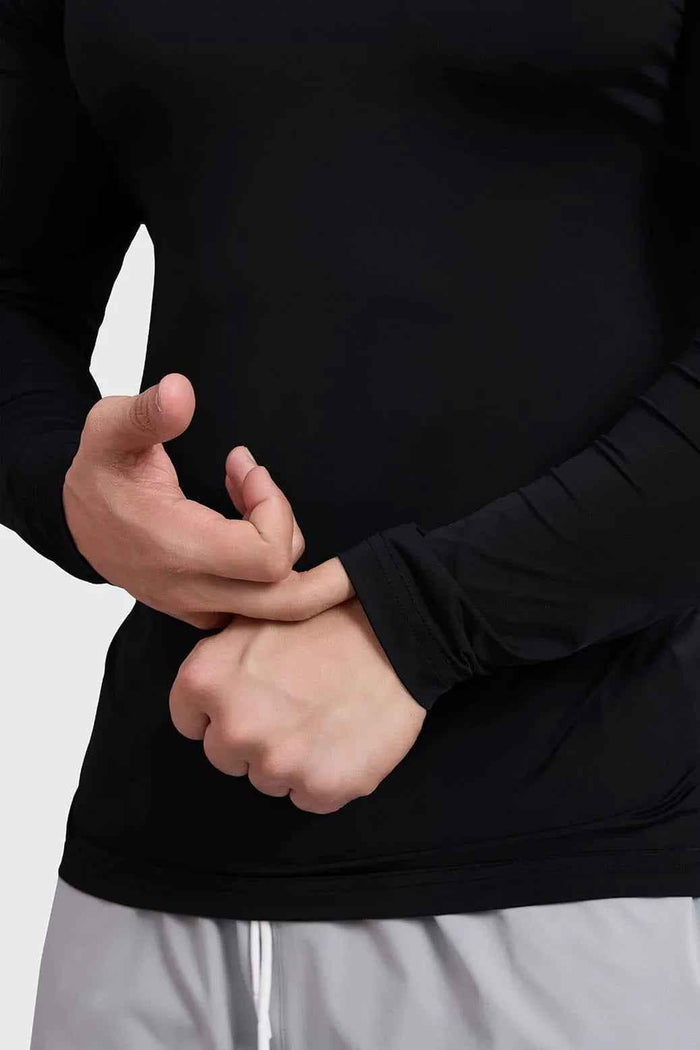 Black Bare Nylon Fullsleeves T-shirt by Fuaark Nz, close-up of the sleek, fitted long-sleeve shirt on a plain background.
