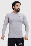 Light grey Bare Nylon full-sleeve T-shirt by Fuaark Nz, showing the fitted design and soft fabric texture.