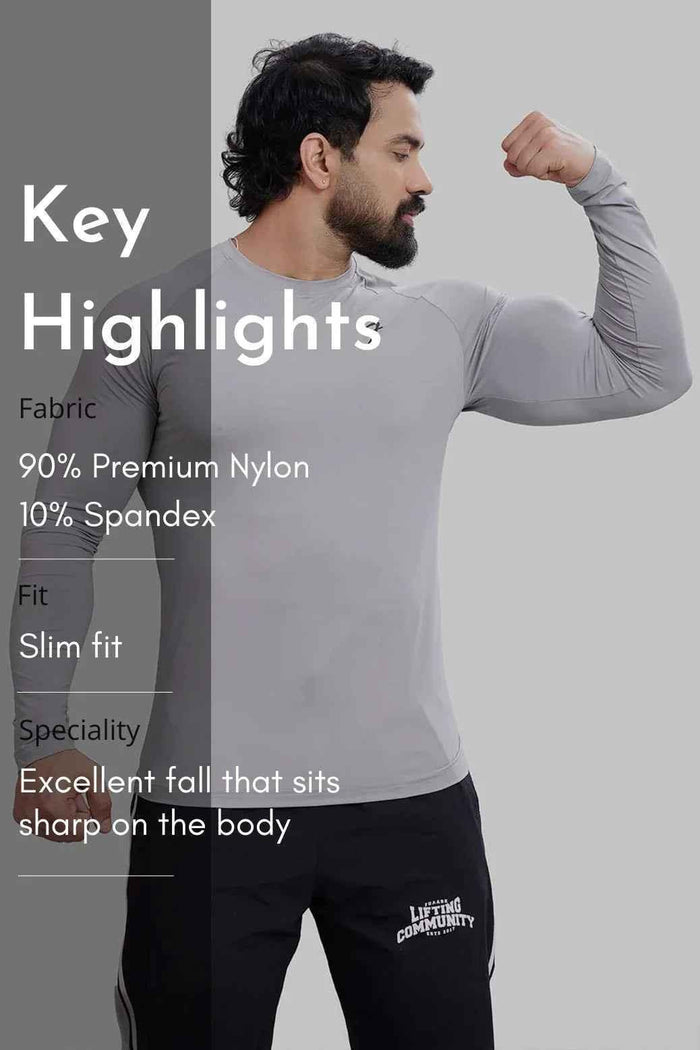 Light grey Bare Nylon full-sleeves T-shirt by Fuaark Nz, showing the fitted design and smooth fabric texture.