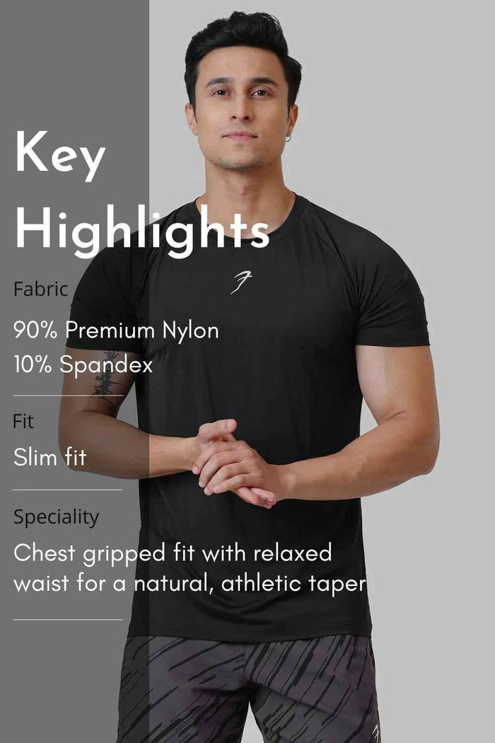 Black Bare Nylon T-shirt by Fuaark Nz, casual men's T-shirt with a smooth nylon fabric, showcased on a plain background.