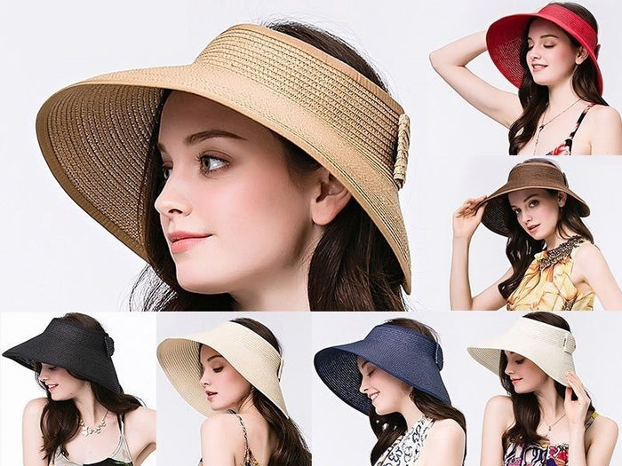 Dealonline.co.nz black foldable straw sun visor hat for kids, wide brim summer beach cap, lightweight and roll-up design