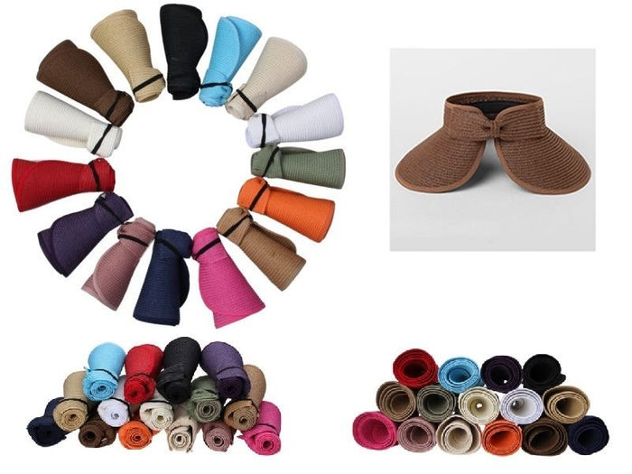 Black foldable straw sun visor hat for kids with wide brim, perfect for summer beach or outdoor sun protection.