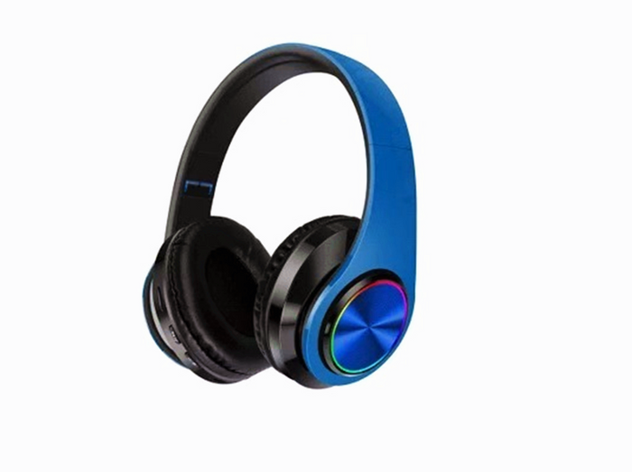Blue wireless Bluetooth headset with foldable stereo earphones and LED display, designed for comfortable listening and portability.