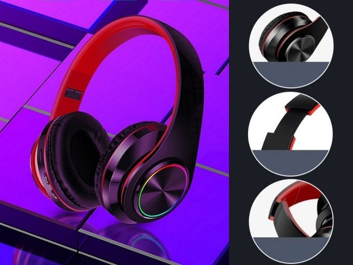 Blue wireless Bluetooth headset with foldable stereo earphones and LED indicator, designed for comfort and high-quality sound.