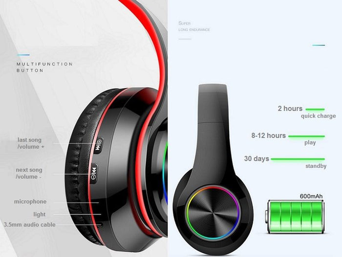 Blue wireless Bluetooth headset with foldable stereo earphones and LED indicator, designed for comfortable and portable listening.