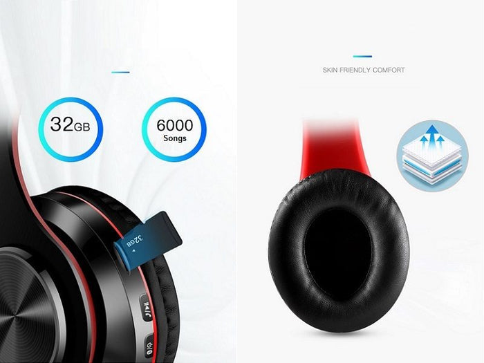 Blue wireless Bluetooth headset with foldable stereo earphones, LED indicator, lightweight and comfortable for listening.