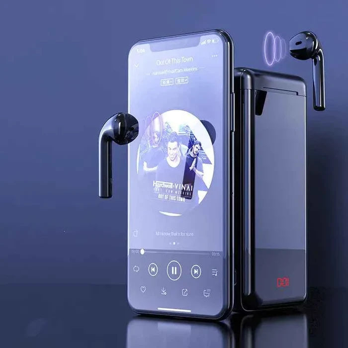 Black Bluetooth headphones and power bank with display by Mead's Supply & Equipment Outfitters, featuring stereo sound and 10,000mAh capacity.