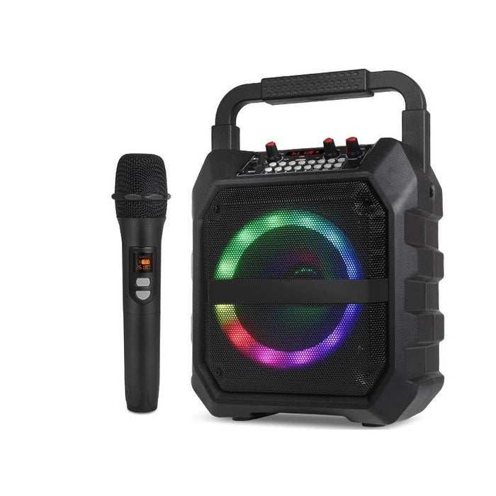 Dealonline.co.nz Bluetooth speaker with microphone, portable audio device, black color, compact design, ideal for music and calls.