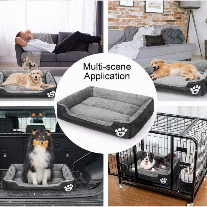 Calming dog bed with washable oxford fabric, soft cotton and coral fleece, providing cozy comfort for pets.