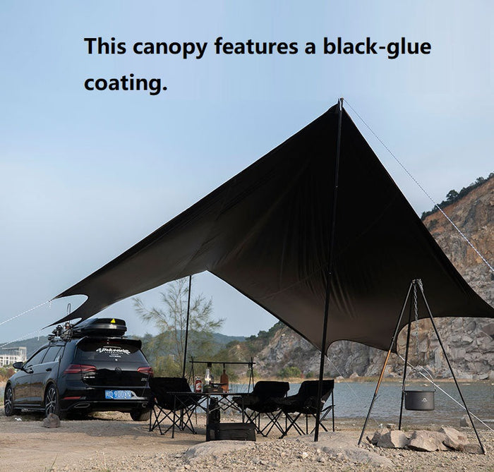 ECOTREK portable camping canopy with black-glue coating, off-white fabric, ideal for beach and outdoor sun shelter activities.