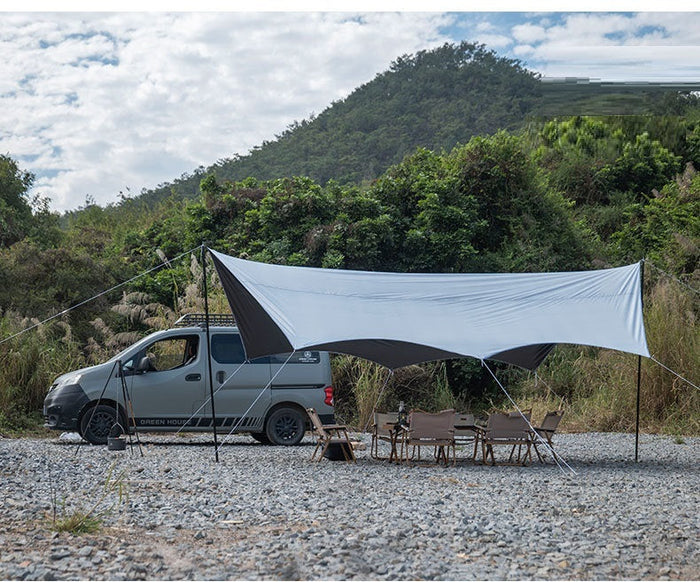 ECOTREK portable camping canopy with black-glue coating, off-white color, ideal for beach and outdoor sun shelter.