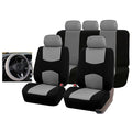 Car seat cover set including front and rear cushion mats with steering wheel cover, made of durable polyester material.