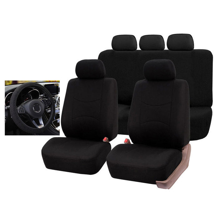Front and rear car seat cover set with cushion mats and polyester steering wheel cover, designed for 5-seater vehicles by dealonline.co.nz.
