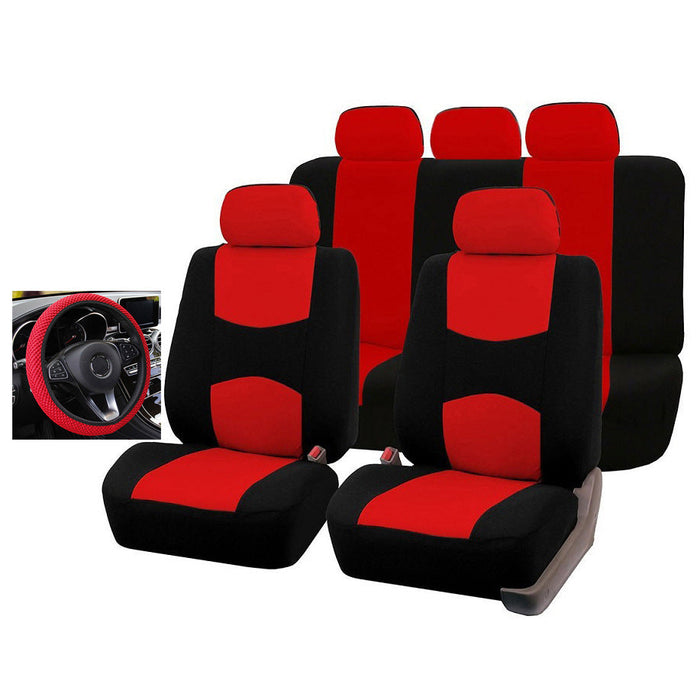 Car seat cover set with front and rear cushions, steering wheel cover, made of polyester for 5-seater vehicles.
