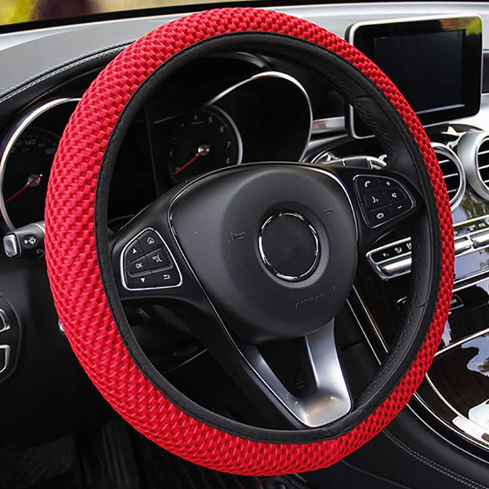 Car seat cover set with front and rear cushions, polyester material, includes steering wheel cover for a 5-seater vehicle.