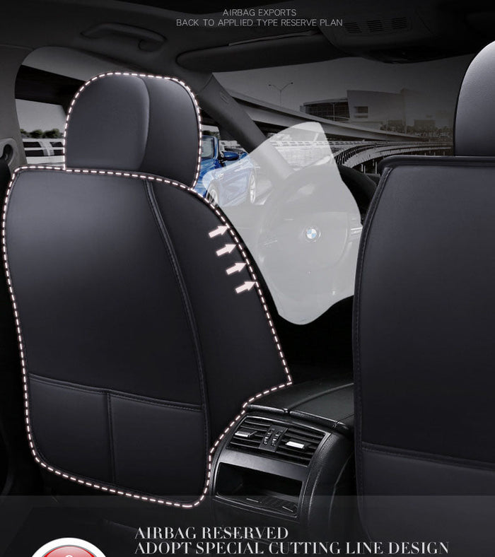 Faux leather car seat cover set for 5-seater, includes front and rear cushions, premium quality, black finish.