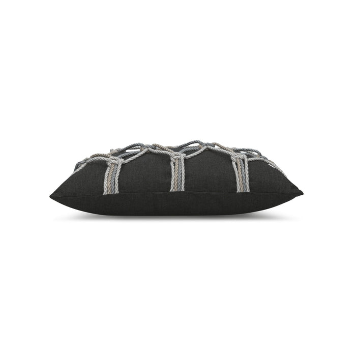 Side image of Black outdoor pillow with diamond stitch pattern, square size for bold outdoor styling