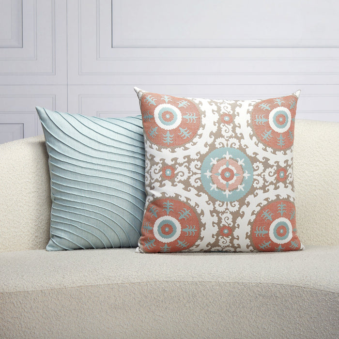 Indoor environmental image of pillows in Cast Ash – outdoor-safe woven fabric by Elaine Smith, ideal for high-end commercial and residential applications.