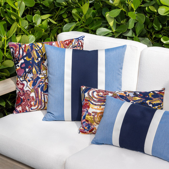 Outdoor image of pillows in Light ocean blue solid performance fabric for outdoor safe use – Cast Ocean by Elaine Smith