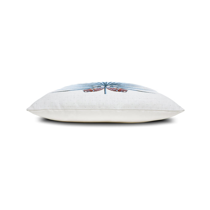 Side image of Blue and white radial stripe outdoor pillow, square size for coastal-inspired decor
