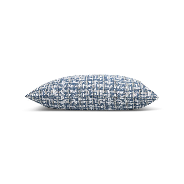 Side image of Blue textured outdoor pillow with subtle weave, square size for modern outdoor spaces