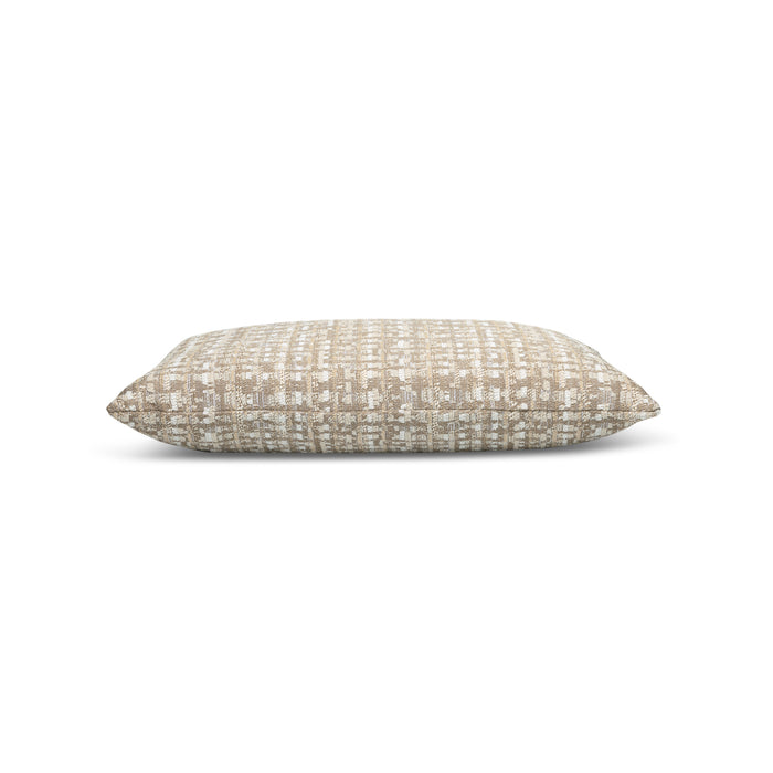 Side image of Beige outdoor pillow with geometric diamond pattern, square size for transitional outdoor design