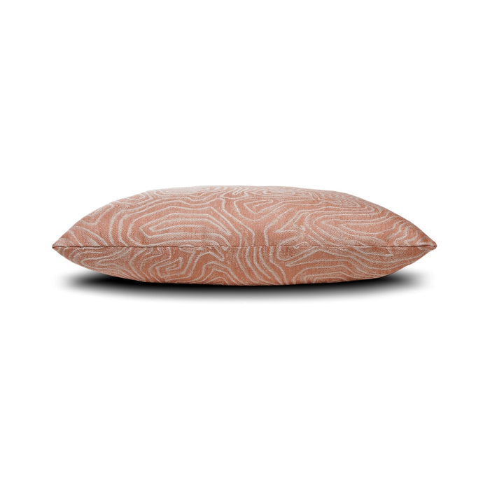 Side image of Gray outdoor pillow with geometric block pattern, square size for modern outdoor styling