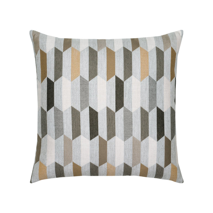 Beige outdoor pillow with geometric block pattern, square size for natural outdoor aesthetics