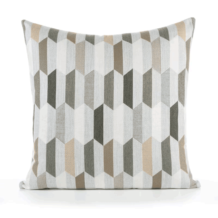 360 video of Beige outdoor pillow with geometric block pattern, square size for natural outdoor aesthetics
