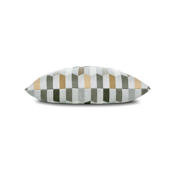 Side image of Beige outdoor pillow with geometric block pattern, square size for natural outdoor aesthetics