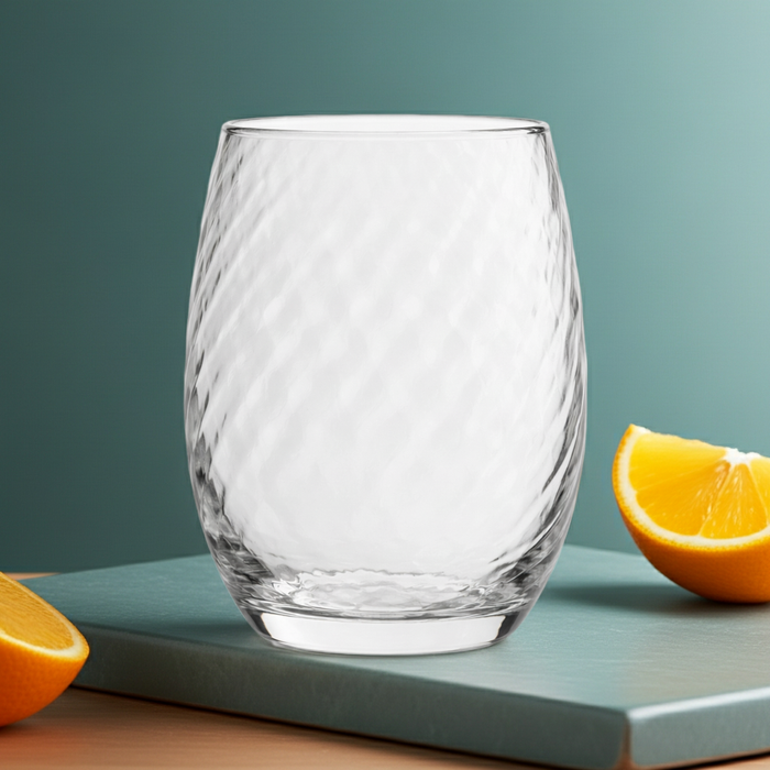 Clear diagonal textured glass tumbler with 420ml capacity, designed by Nest & Stem Homewares, shown from a front angle.