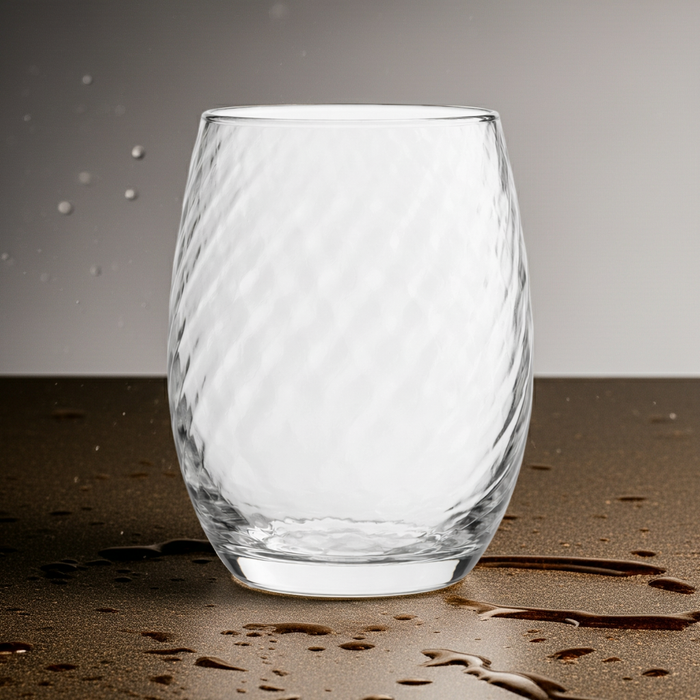 Clear diagonal textured glass tumbler with 420ml capacity from Nest & Stem Homewares, showcasing its elegant, modern design.