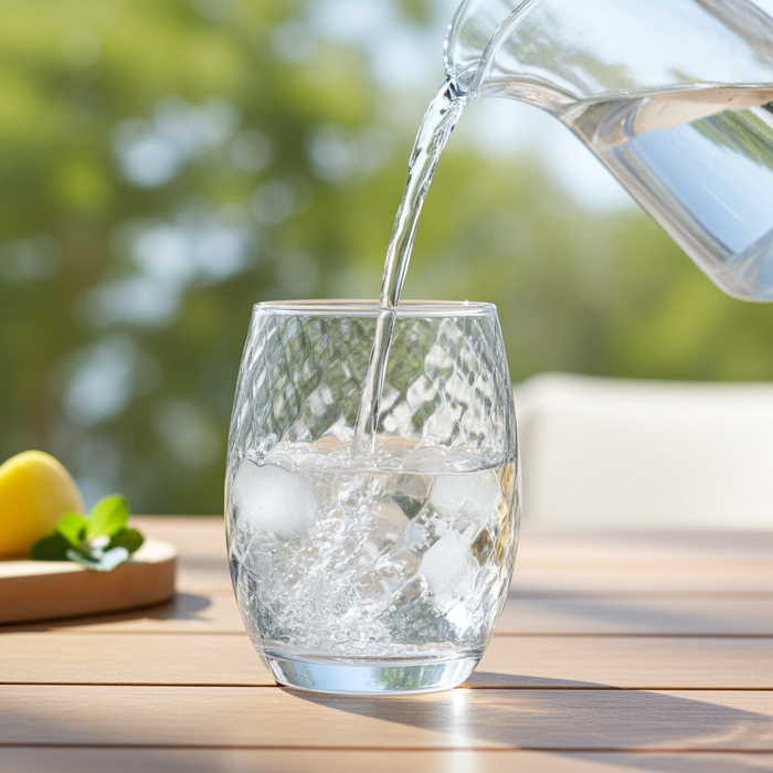 Clear diagonal textured glass tumbler from Nest & Stem Homewares, 420ml capacity, showcasing its stylish and modern design.