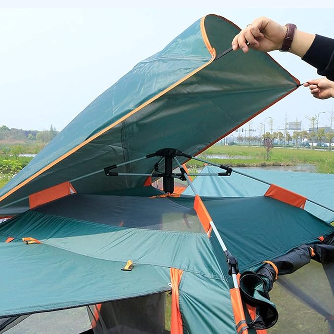 ECOTREK automatic pop-up camping tent set up outdoors, compact and easy to carry for outdoor camping adventures.