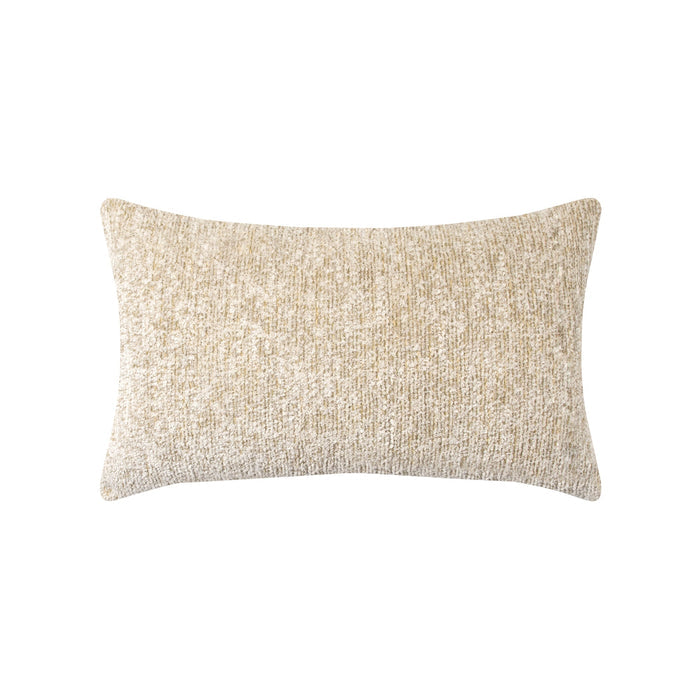 Beige outdoor pillow with woven texture, lumbar size for timeless outdoor styling by Elaine Smith
