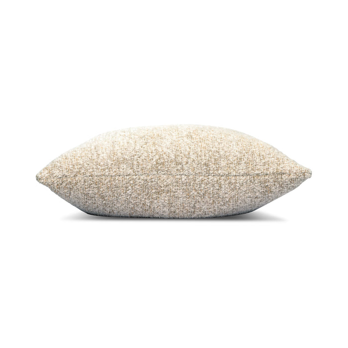 Side image of Round gray outdoor pillow with textured finish for stylish patio accents