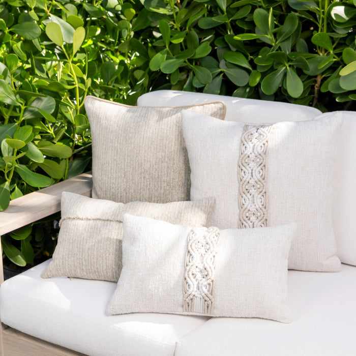 Outdoor image of pillows in Soft oyster white woven outdoor safe fabric with subtle texture - Comfort Oyster by Elaine Smith