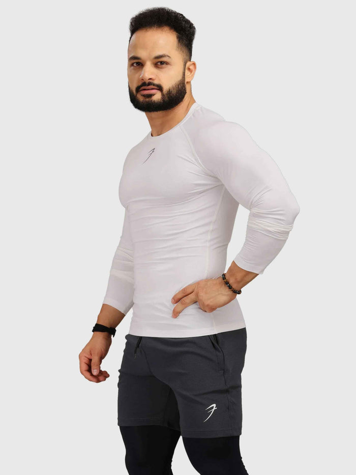 White compression full sleeves T-shirt by Fuaark Nz, designed for enhanced performance and athletic support.