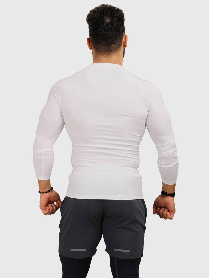 White compression full sleeves T-shirt by Fuaark Nz, designed for enhanced athletic performance and comfort.