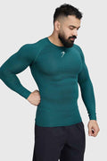 Fuaark NZ compression fullsleeves T-shirt in emerald green, designed for comfort and performance, shown flat on a white background.