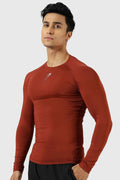 Fuaark Nz compression full-sleeve salsa T-shirt, athletic fit, vibrant red color, stretchy fabric, ideal for active wear.