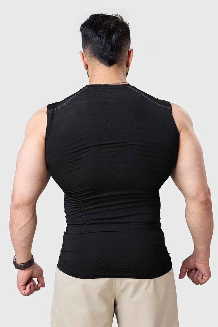 Black Fuaark Nz compression sleeveless tank top, close-up of the fitted athletic tank shirt for men.