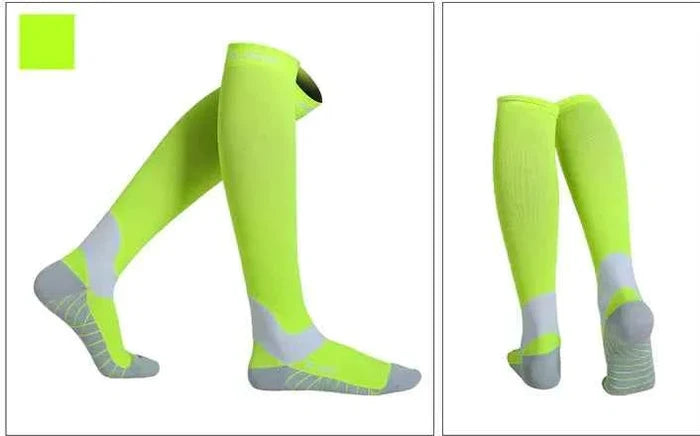 Green compression socks by Mead's Supply & Equipment Outfitters for cycling, running, and sports, made of nylon athletic support material.