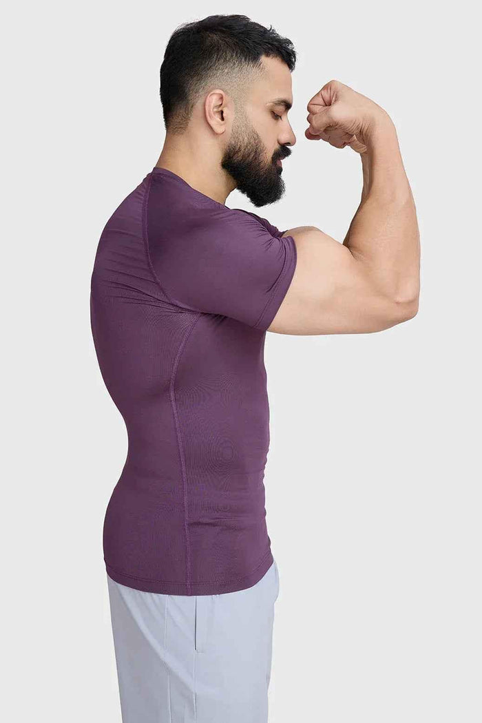 Fuaark Nz compression plum T-shirt for men, fitted athletic shirt with short sleeves and moisture-wicking fabric.