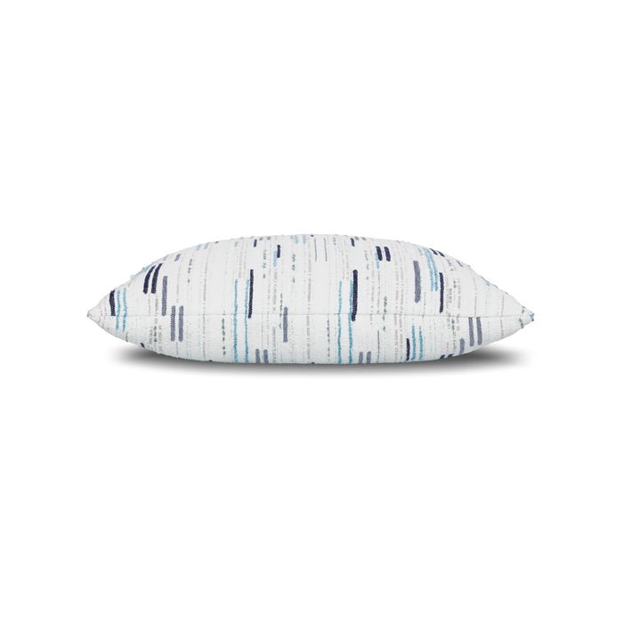 Side image of Light blue outdoor pillow with vertical stripe pattern, lumbar size for coastal-inspired outdoor decor